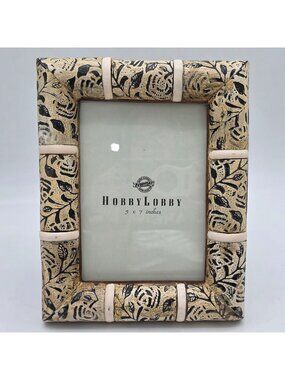 5x7 Picture Frame Floral Design Beige & Black Distressed Finish Tabletop